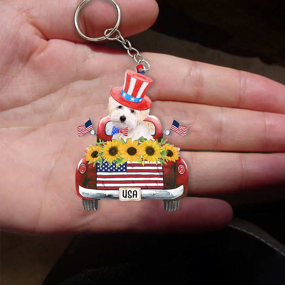 WHITE Maltipoo-USA Truck Flat Acrylic Keychain