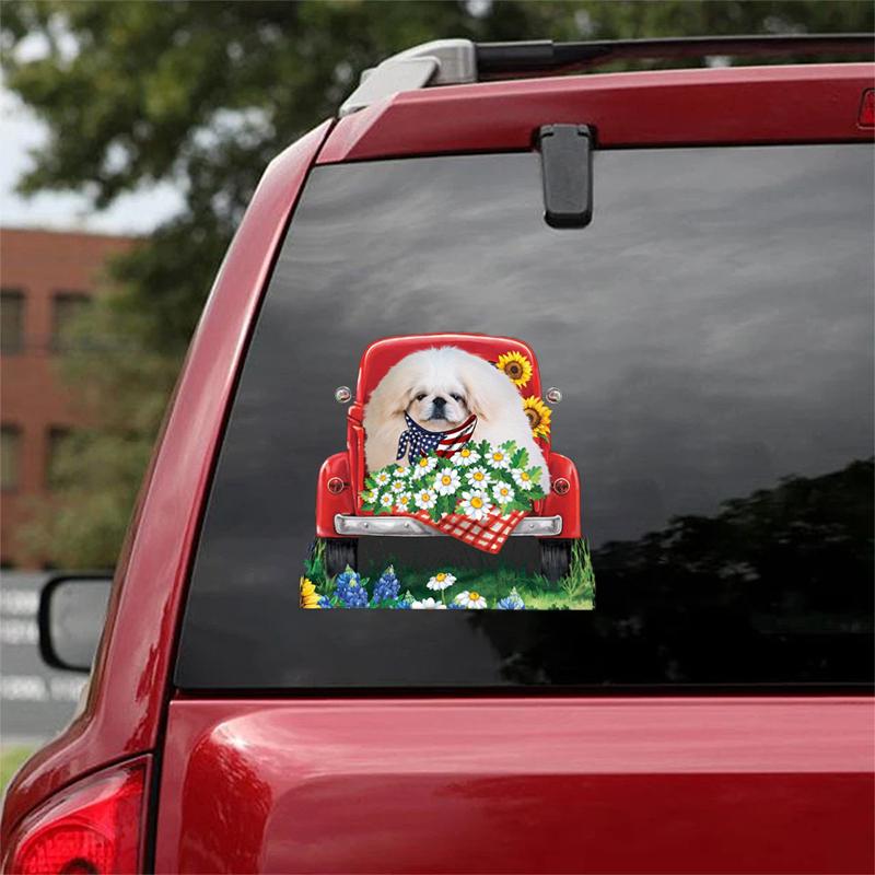 Flower Car Sticker-White Pekingese