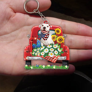 WHITE Pitbull-Red Truck Flat Acrylic Keychain