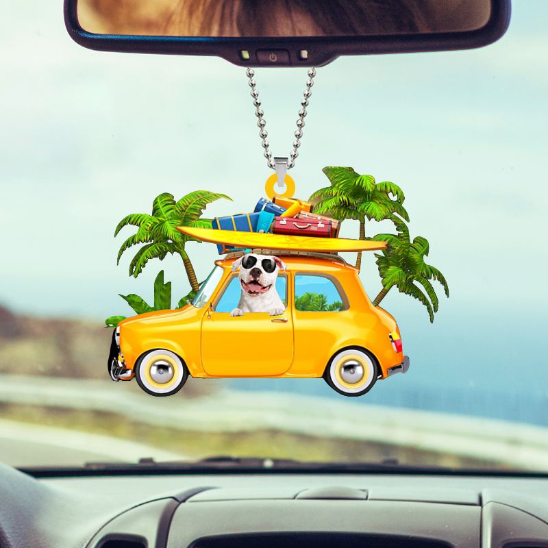 WHITE Pitbulll-Yellow Sports Car Two Sides Ornament