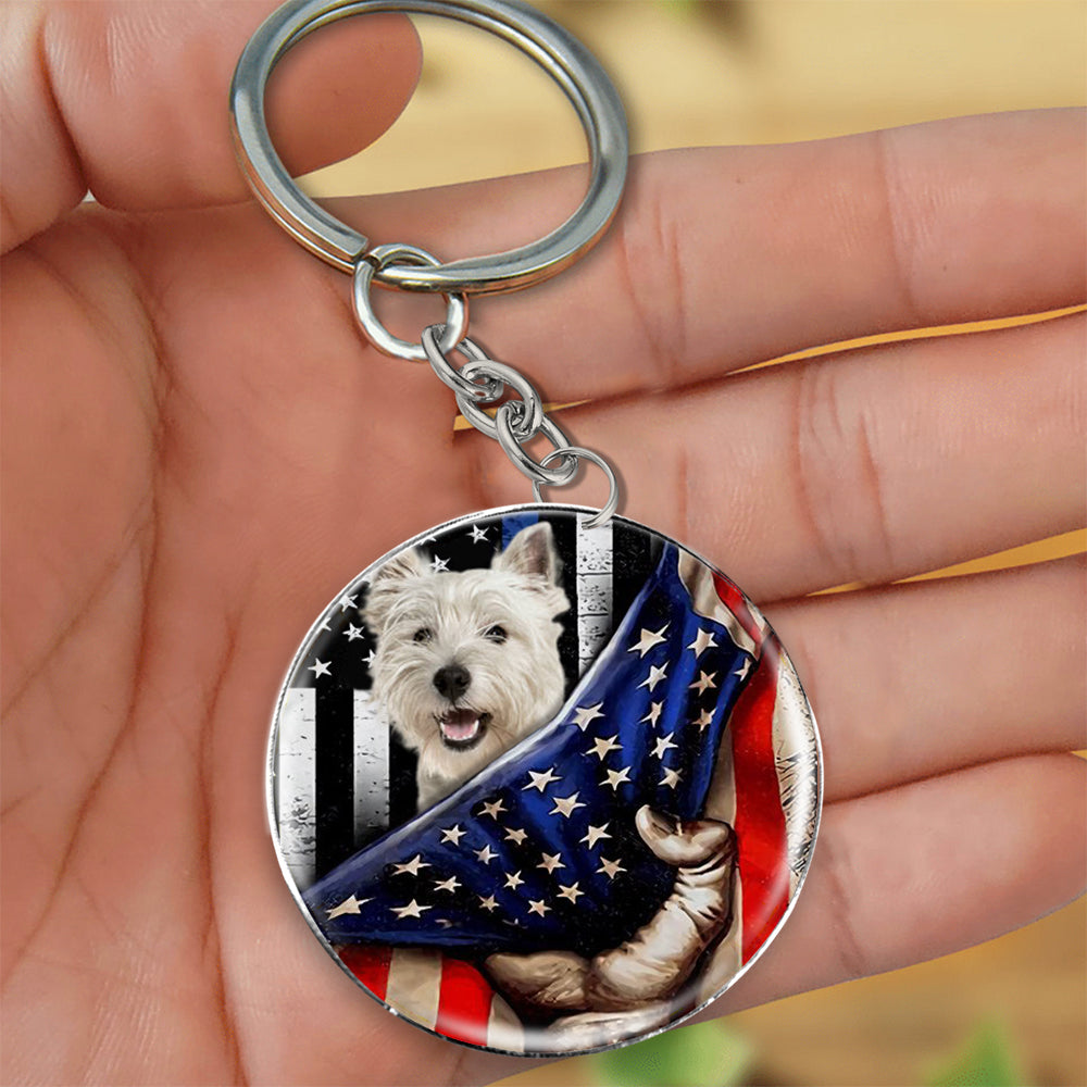 West Highland White Terrier (2)-Inside American Flag Independence Day Round Resin Epoxy Metal Keychain