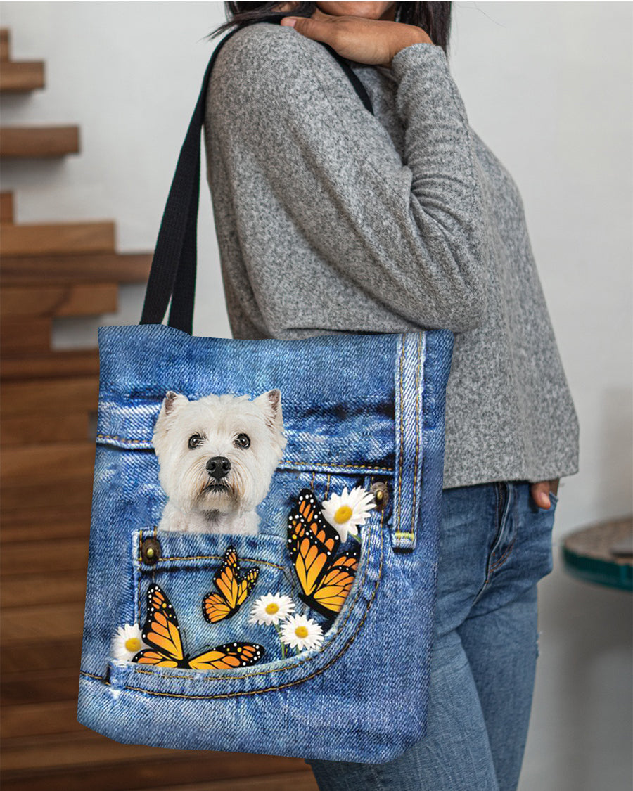 Westie-Butterfly Daisies Fait-CLOTH TOTE BAG