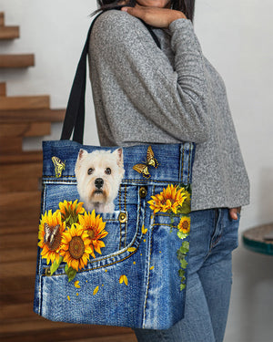 Westie-Sunflowers & Butterflies Cloth Tote Bag