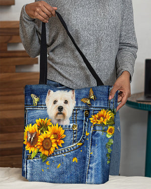 Westie-Sunflowers & Butterflies Cloth Tote Bag