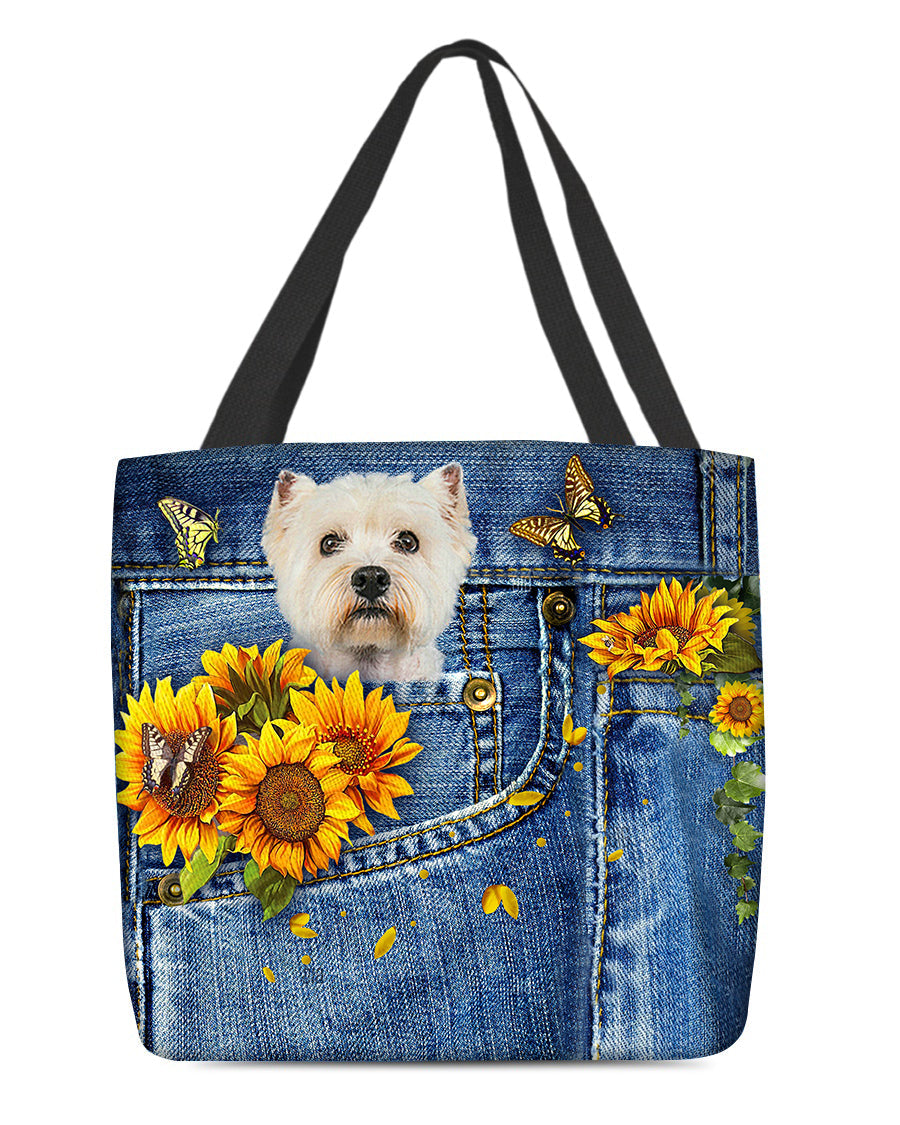 Westie-Sunflowers & Butterflies Cloth Tote Bag