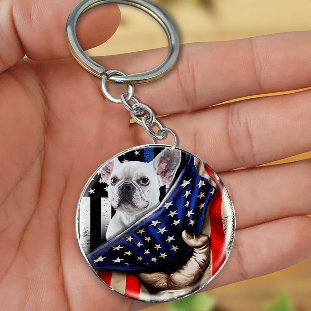 White French Bulldog (2)-Inside American Flag Independence Day Round Resin Epoxy Metal Keychain