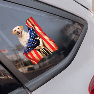 White Labrador Retriever-American Flag Front Car Sticker