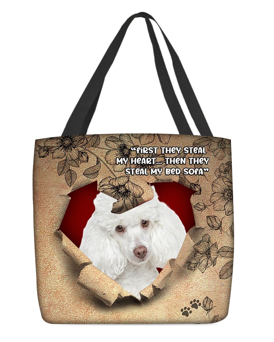 White Poodle-Torn Cloth Tote Bag