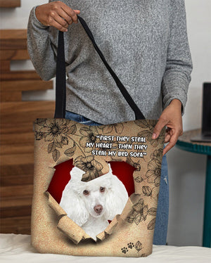 White Poodle-Torn Cloth Tote Bag