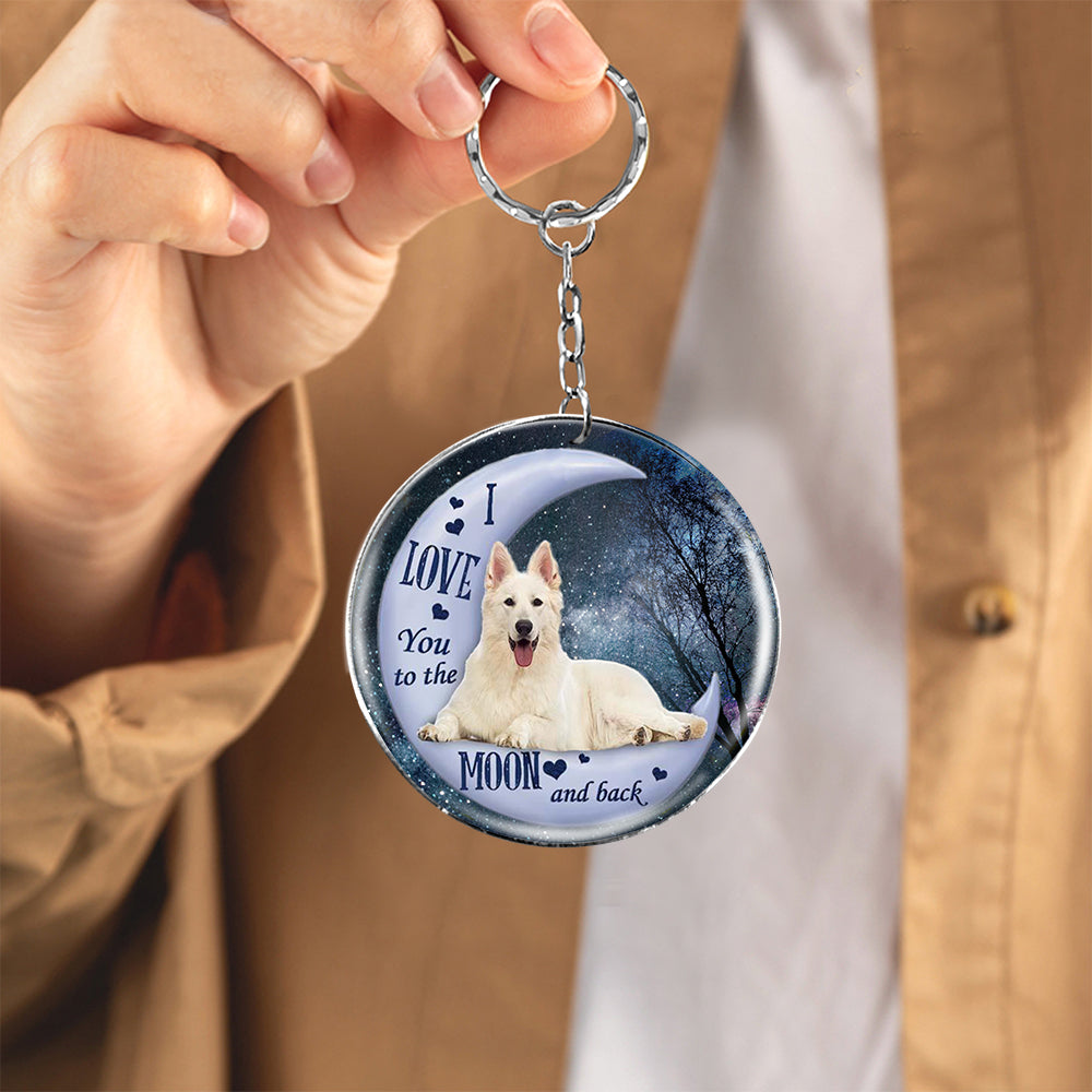 White german shepherd Moon Back-Round Resin Epoxy Metal Keychain