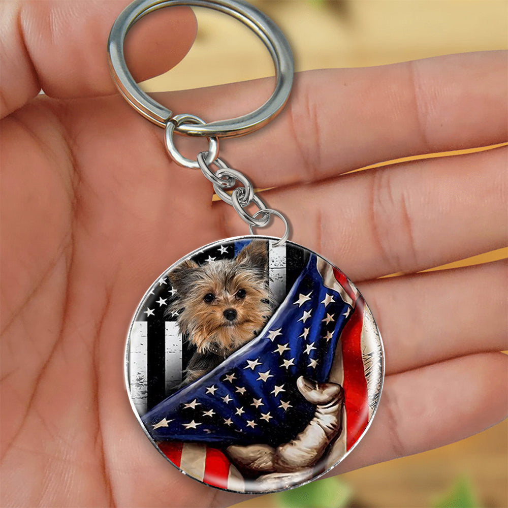 Yorkshire Terrier -Inside American Flag Independence Day Round Resin Epoxy Metal Keychain
