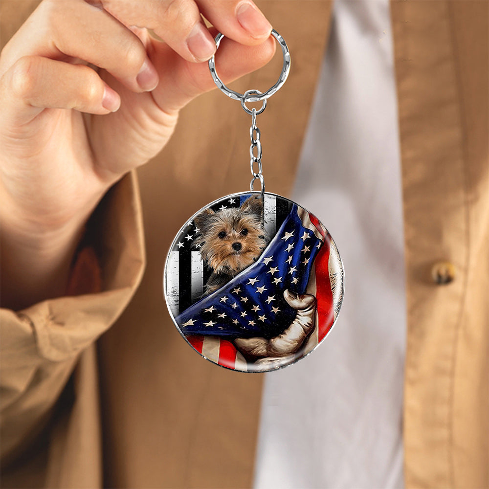 Yorkshire Terrier -Inside American Flag Independence Day Round Resin Epoxy Metal Keychain