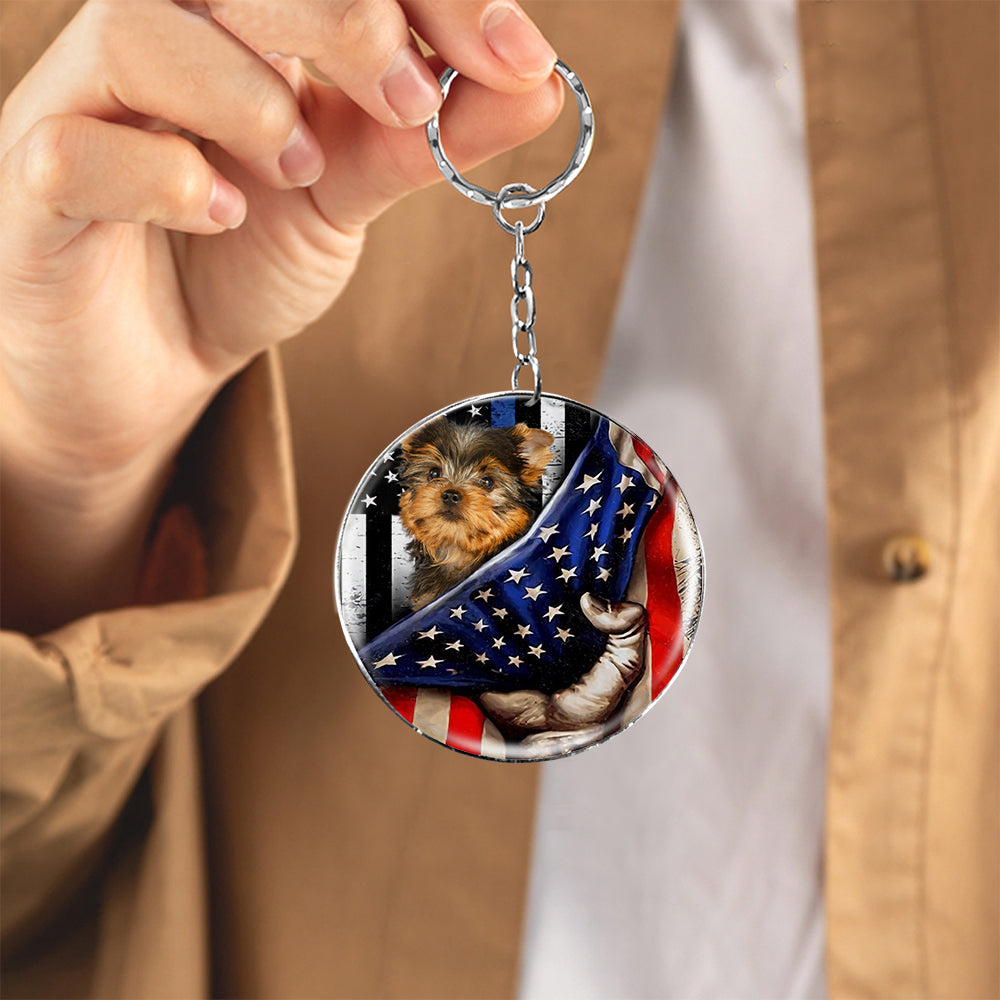 Yorkshire Terrier2-Inside American Flag Independence Day Round Resin Epoxy Metal Keychain