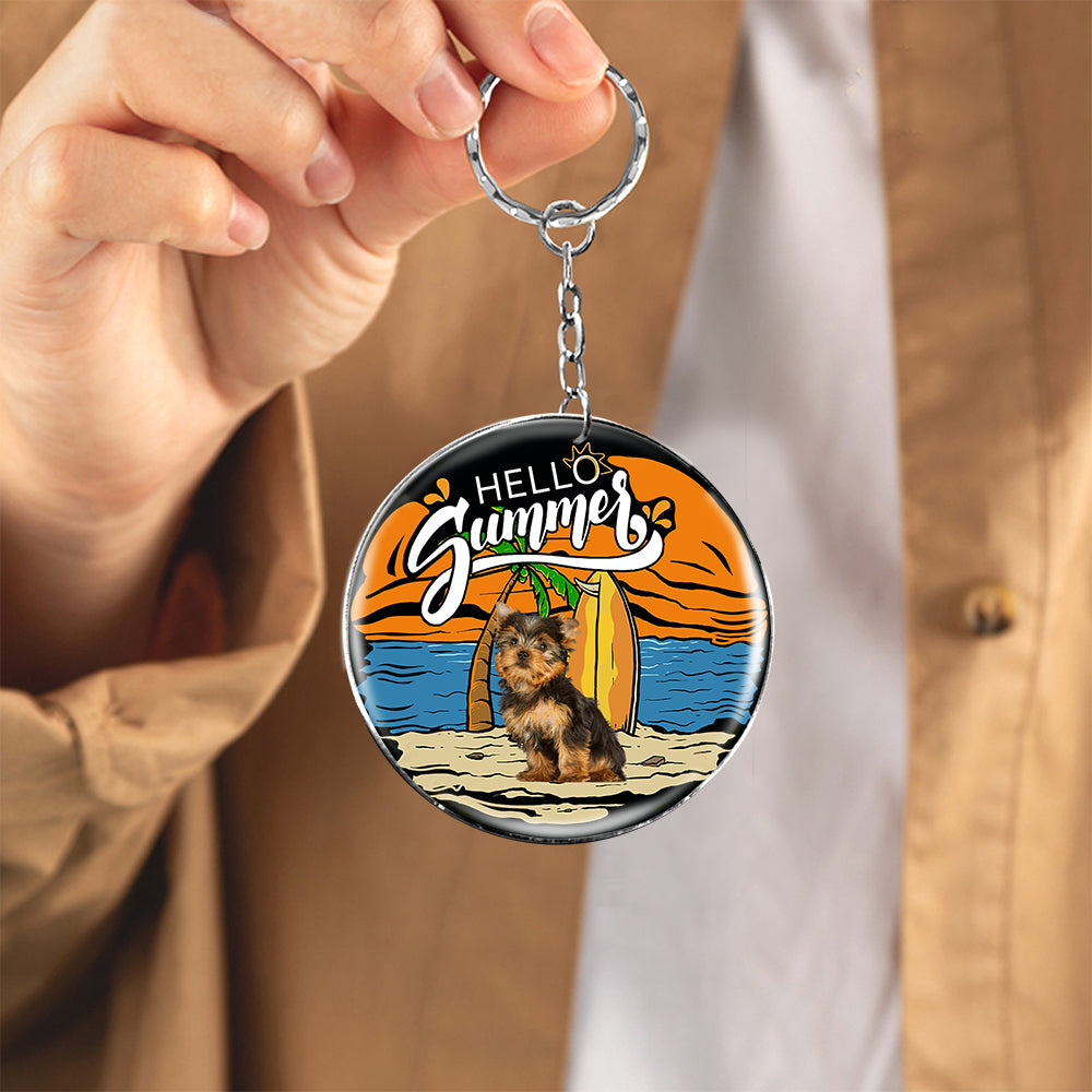 Yorkshire Terrier Hello Summer-Round Resin Epoxy Metal Keychain