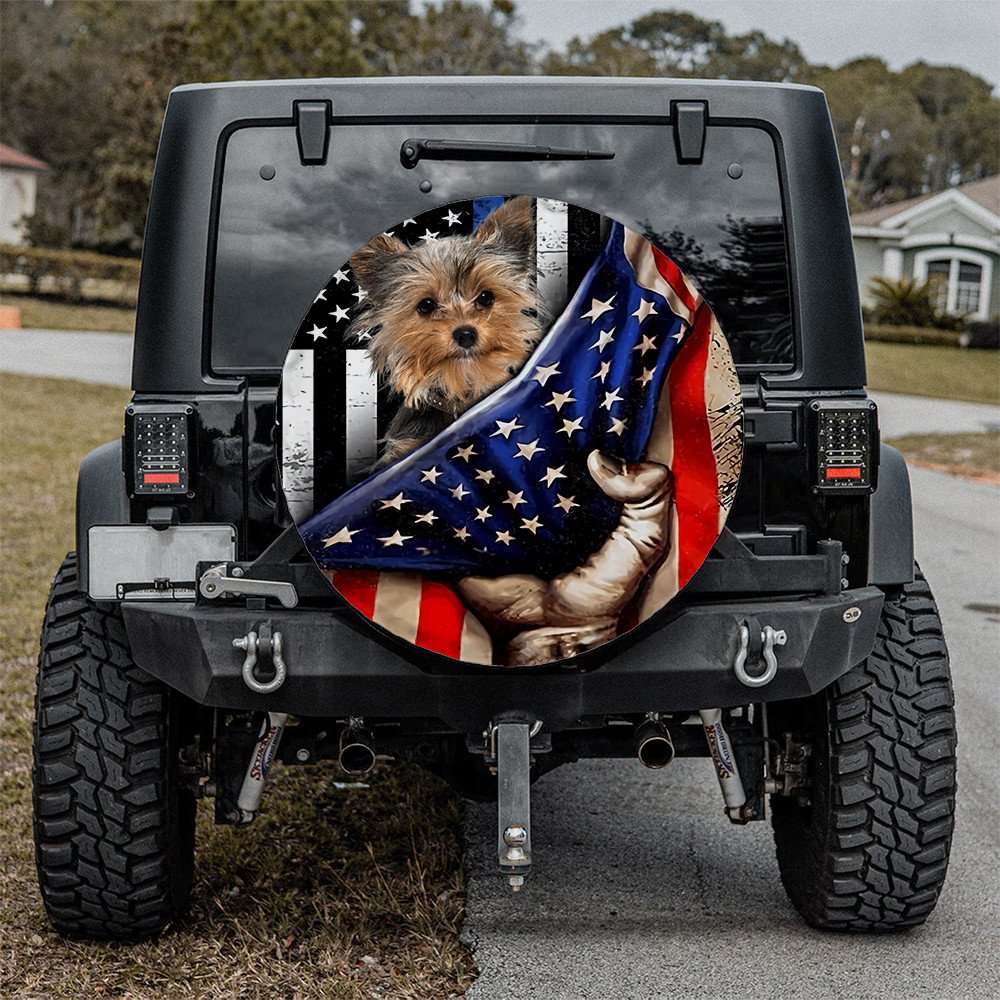 Yorkshire Terrier Inside American Flag Independence Day Spare Tire Cover