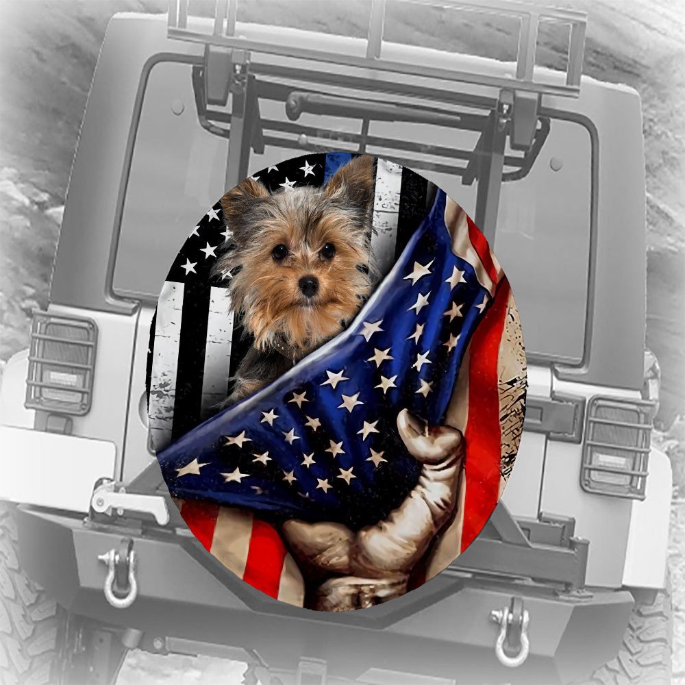 Yorkshire Terrier Inside American Flag Independence Day Spare Tire Cover