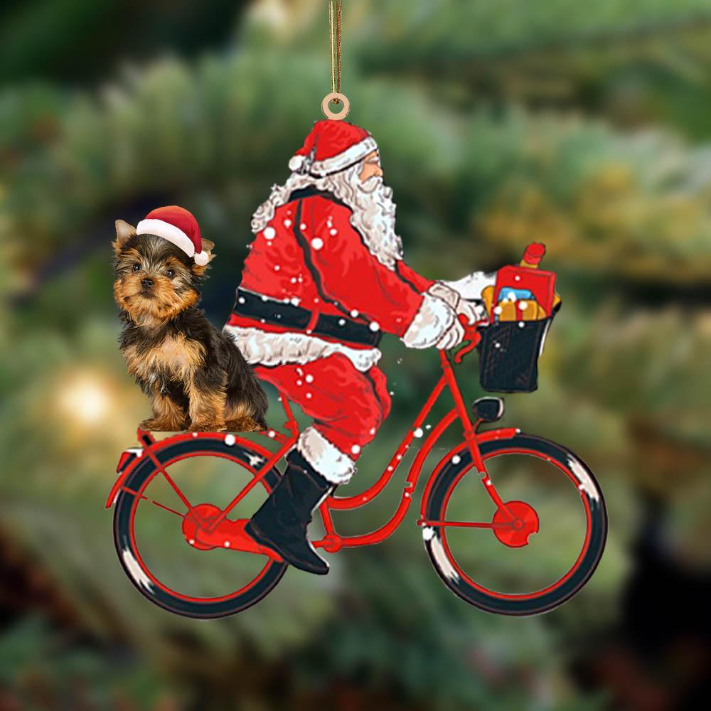 Santa Claus riding a bike with Yorkshire Terrier-Two Sided Ornament