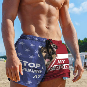3D Stop staring at my dog German Shepherd Custom Beach Shorts Swim Trunks