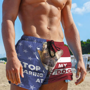 3D Stop staring at my dog French Bulldog Custom Beach Shorts Swim Trunks