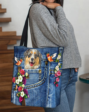 Australian Shepherd1-Cardinal & Cross Flower Cloth Tote Bag