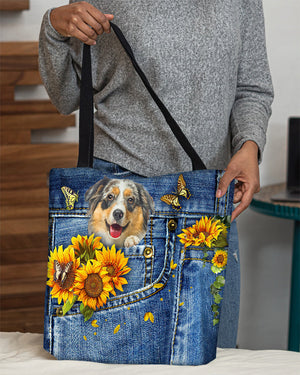 Australian Shepherd1-Sunflowers & Butterflies Cloth Tote Bag