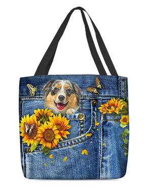 Australian Shepherd1-Sunflowers & Butterflies Cloth Tote Bag