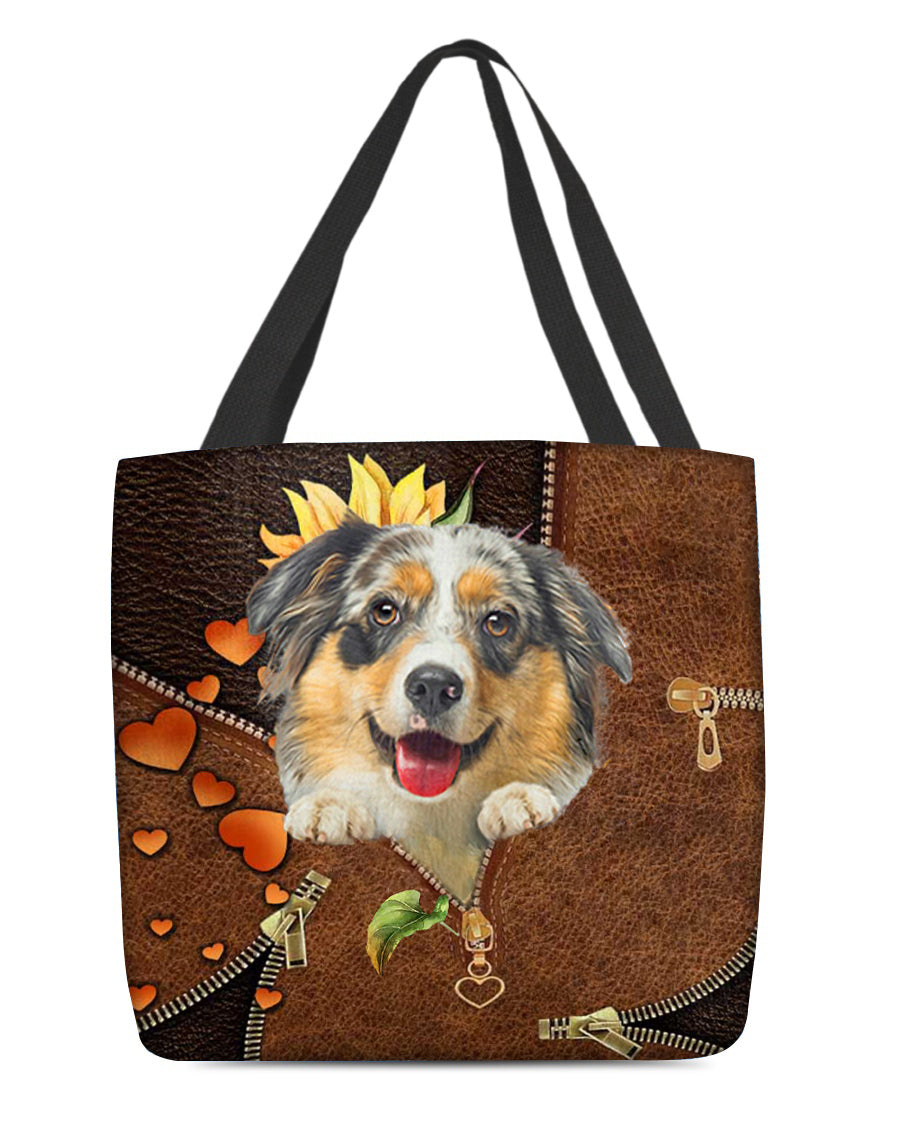 Australian shepherd1-Sunflower&zipper Cloth Tote Bag