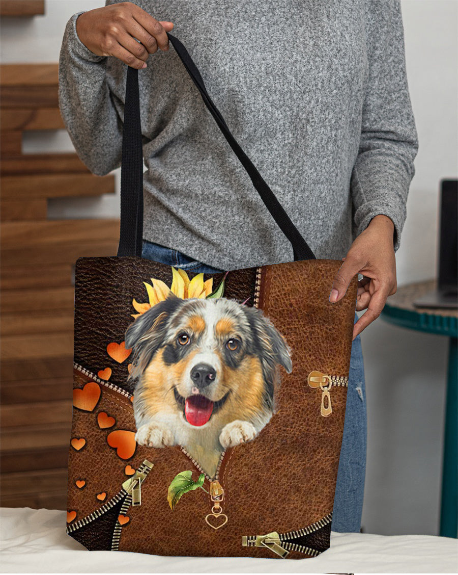 Australian shepherd1-Sunflower&zipper Cloth Tote Bag