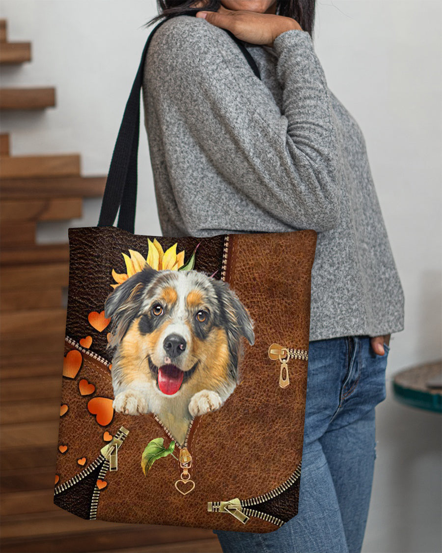 Australian shepherd1-Sunflower&zipper Cloth Tote Bag