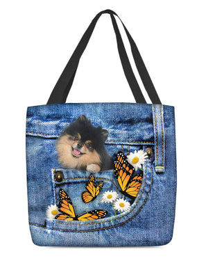 black-and-tan-pomeranian-Butterfly Daisies Fait-CLOTH TOTE BAG