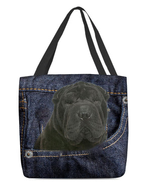 Black Shar Pei-Dark Denim-Cloth Tote Bag