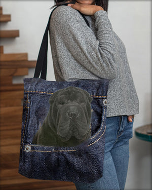 Black Shar Pei-Dark Denim-Cloth Tote Bag