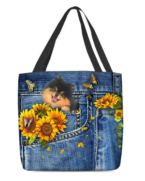 Black and Tan pomeranian-Sunflowers & Butterflies Cloth Tote Bag