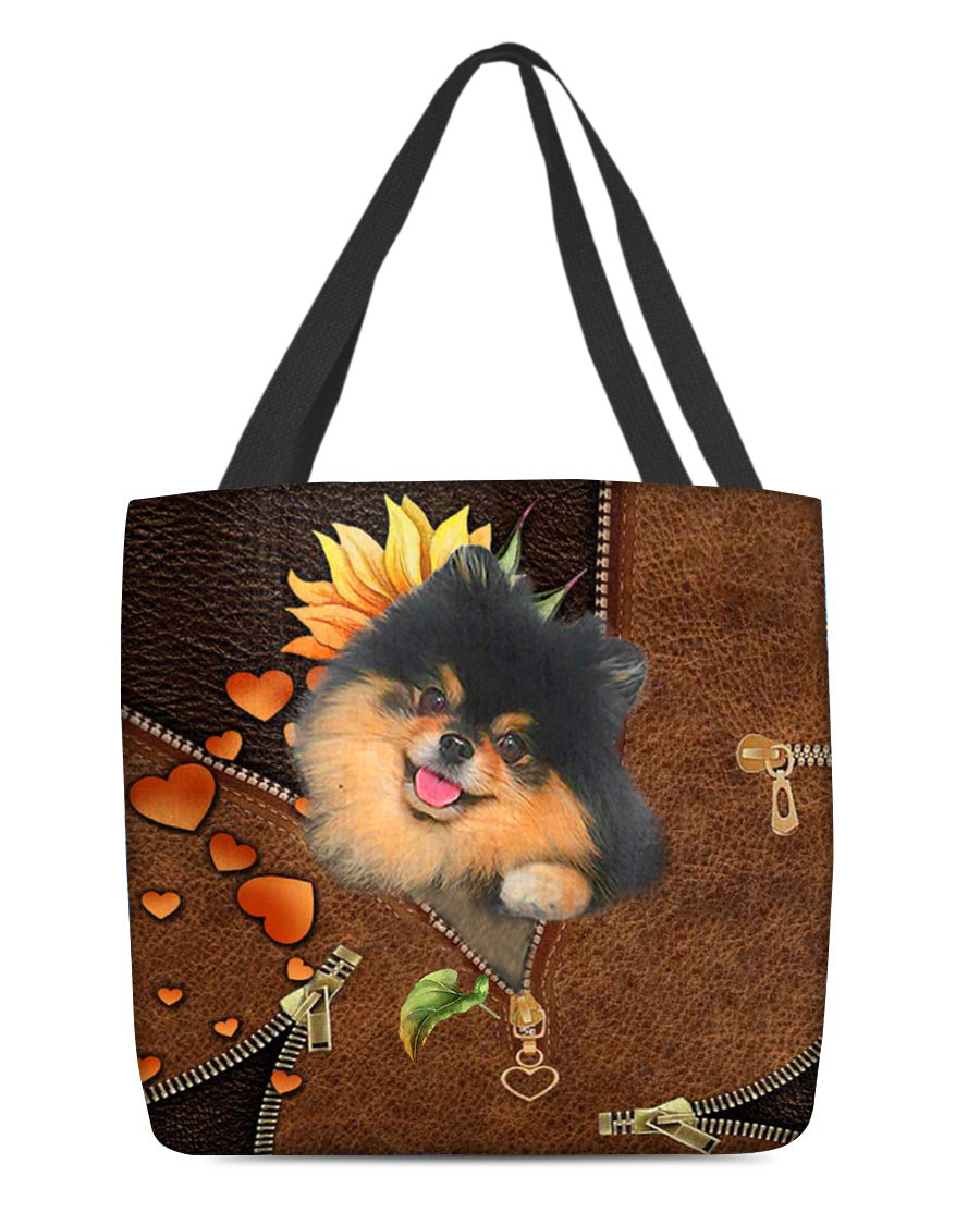 Black and Tan Pomeranian-Sunflower&zipper Cloth Tote Bag