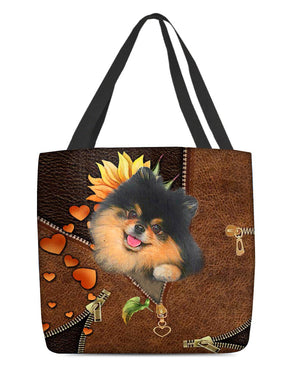 Black and Tan Pomeranian-Sunflower&zipper Cloth Tote Bag