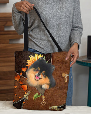 Black and Tan Pomeranian-Sunflower&zipper Cloth Tote Bag