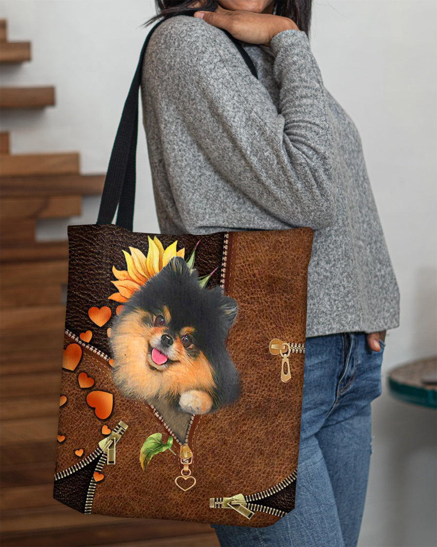 Black and Tan Pomeranian-Sunflower&zipper Cloth Tote Bag