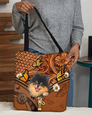 Black And Tan Pomeranian Butterfly Daisy Cloth Tote Bag