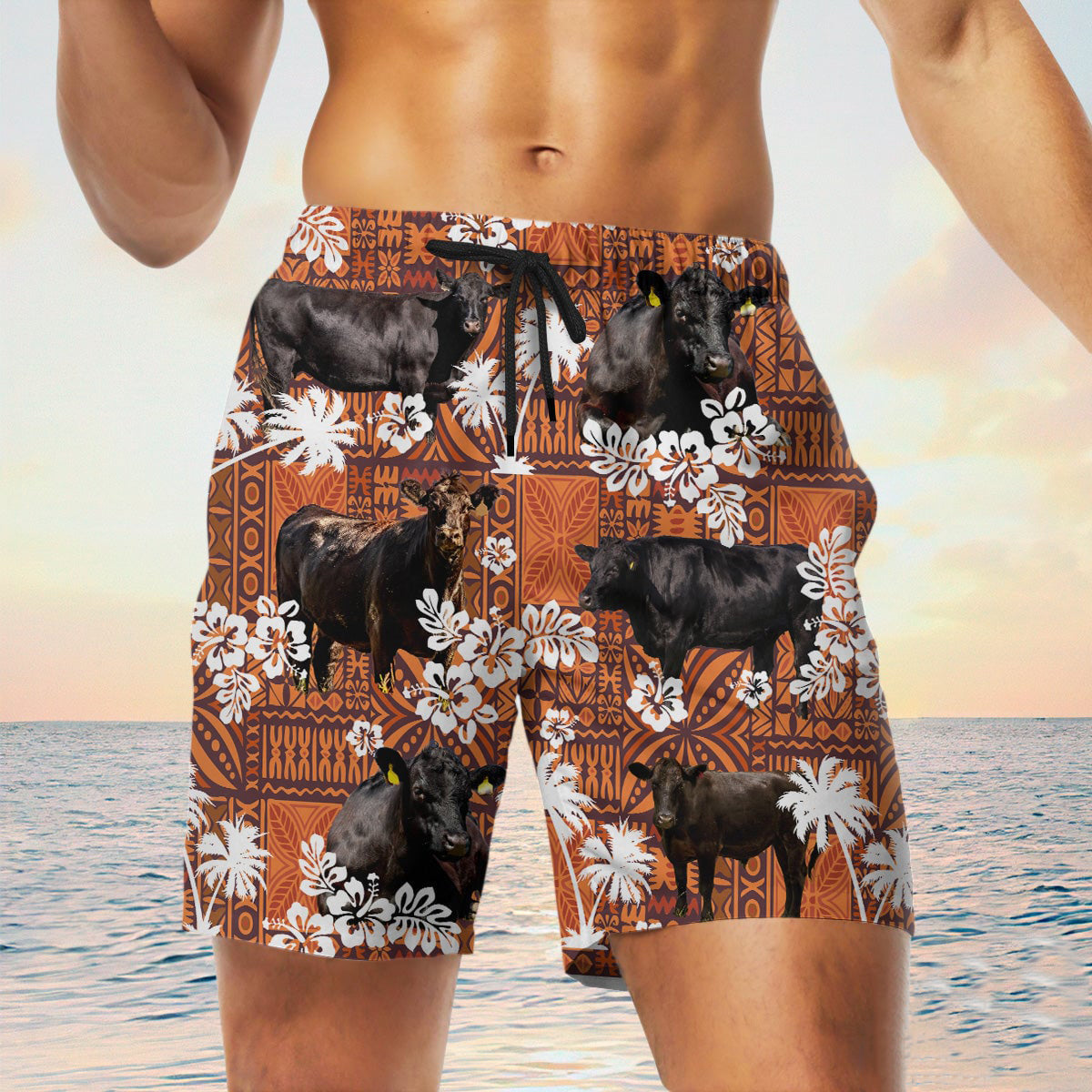 black angus cow In Red Tribal Shorts