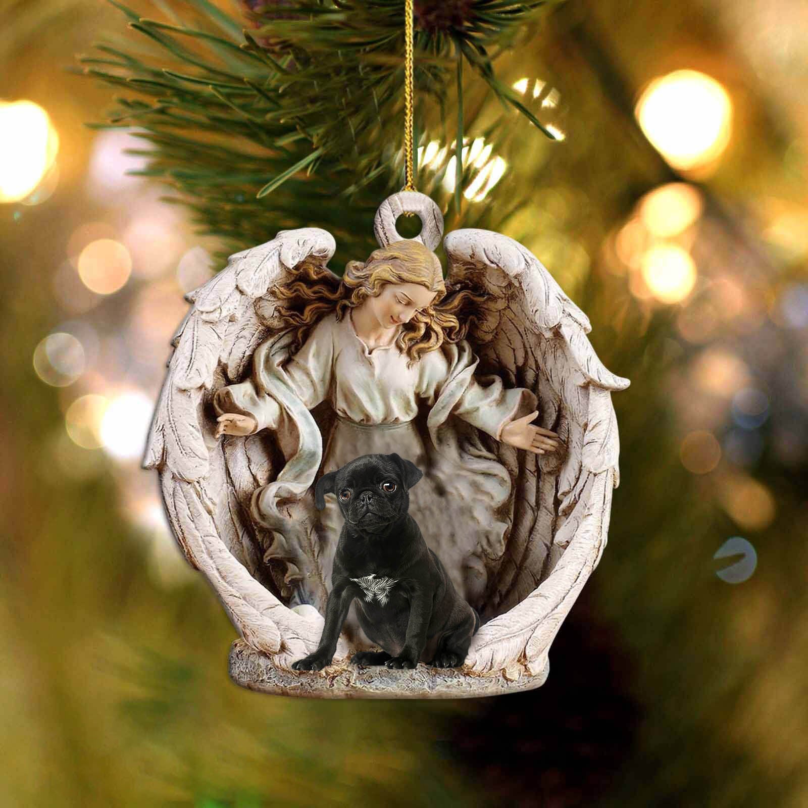 black pug-Angel Hug Winter Love Two Sided Ornament