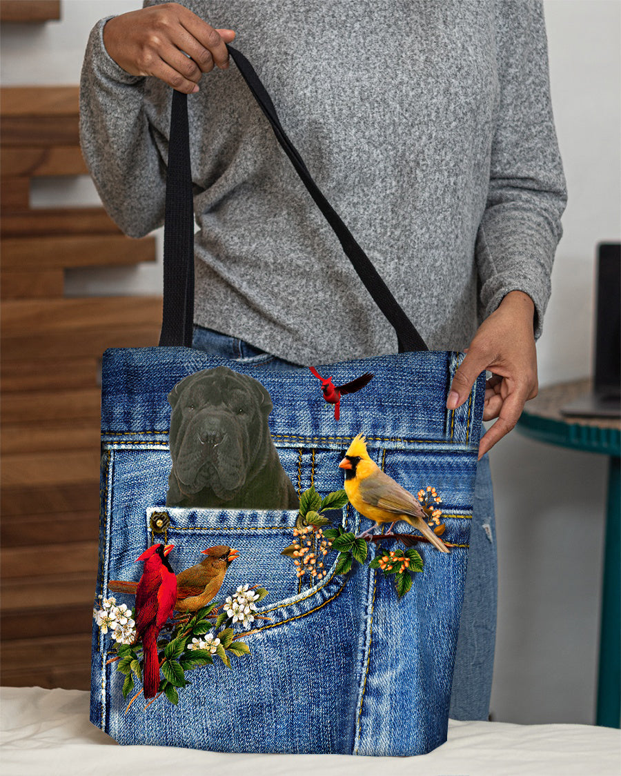 Black Shar Pei-Cardinal & Dog Cloth Tote Bag