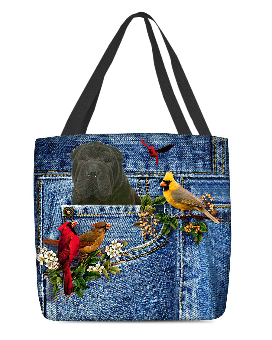Black Shar Pei-Cardinal & Dog Cloth Tote Bag