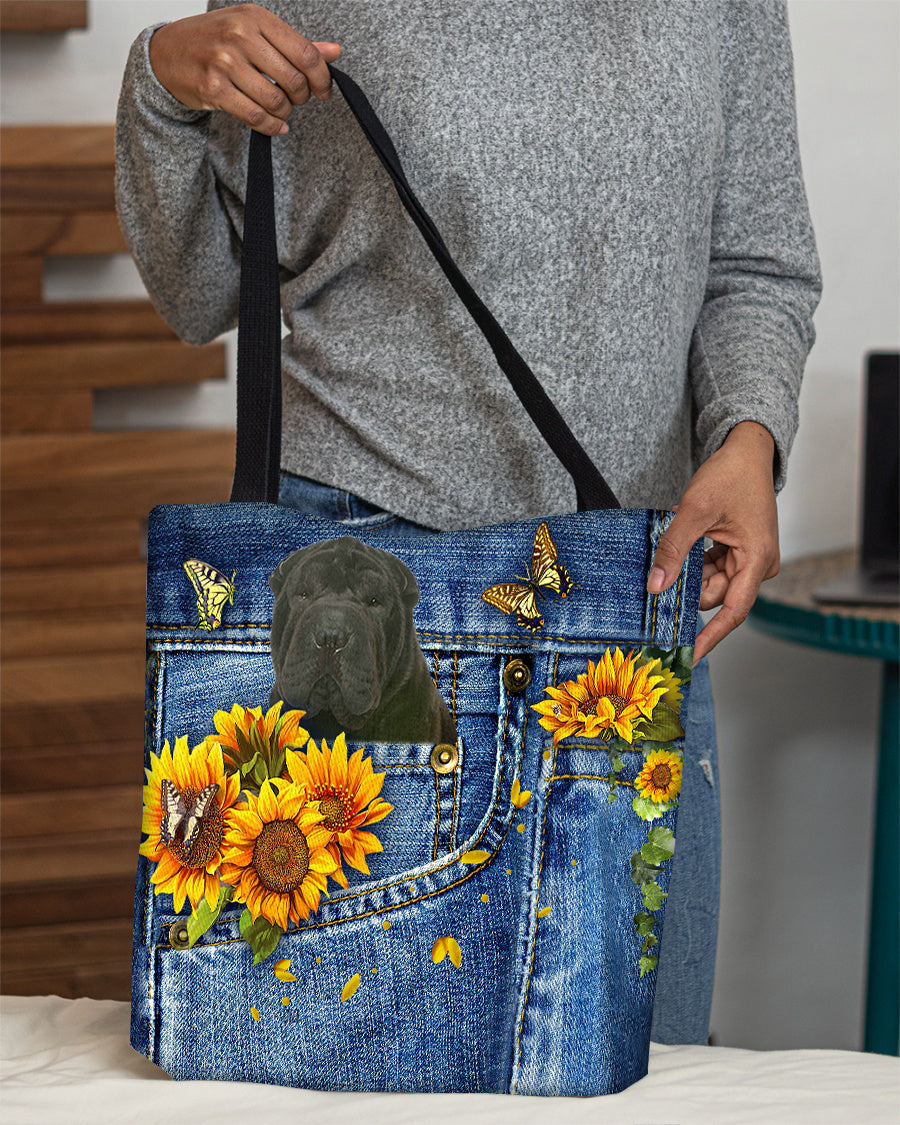 Black Shar Pei-Sunflowers & Butterflies Cloth Tote Bag