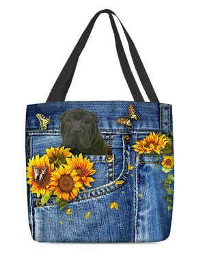 Black Shar Pei-Sunflowers & Butterflies Cloth Tote Bag