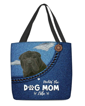 Black Shar Pei-Dog Mom Life-Cloth Tote Bag