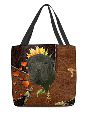 Black Shar Pei-Sunflower&zipper Cloth Tote Bag