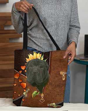 Black Shar Pei-Sunflower&zipper Cloth Tote Bag