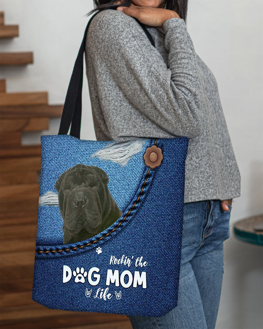 Black Shar Pei-Dog Mom Life-Cloth Tote Bag