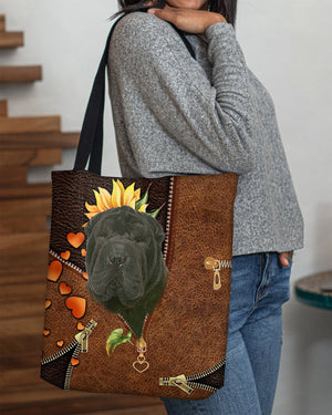 Black Shar Pei-Sunflower&zipper Cloth Tote Bag