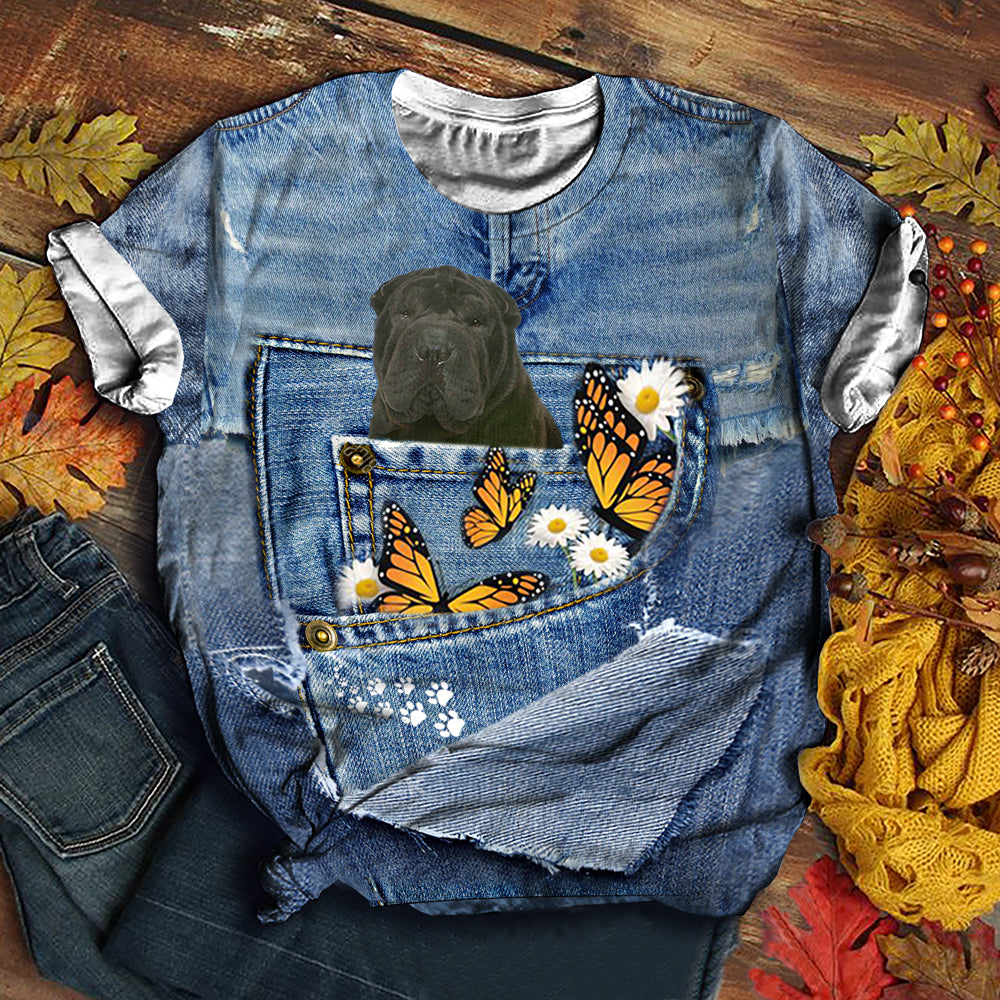 black shar pei   Butterfly Daisies T-shirt